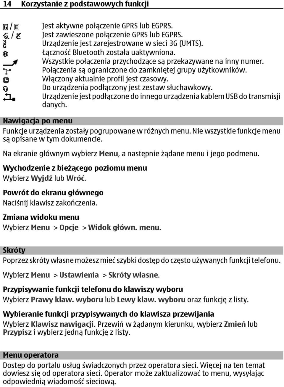 Włączony aktualnie profil jest czasowy. Do urządzenia podłączony jest zestaw słuchawkowy. Urządzenie jest podłączone do innego urządzenia kablem USB do transmisji danych.