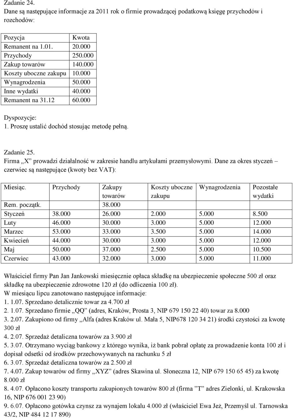 Firma X prowadzi działalność w zakresie handlu artykułami przemysłowymi. Dane za okres styczeń czerwiec są następujące (kwoty bez VAT): Miesiąc.