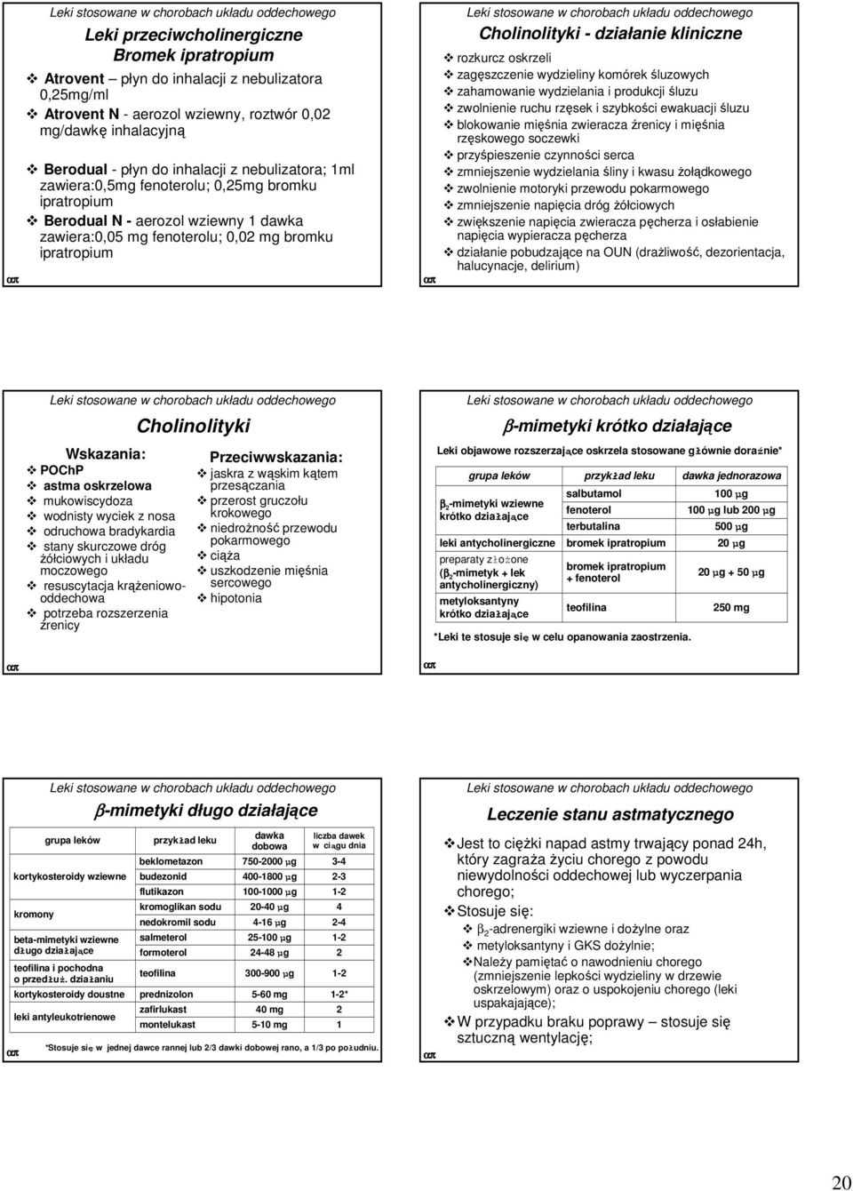 rozkurcz oskrzeli zagęszczenie wydzieliny komórek śluzowych zahamowanie wydzielania i produkcji śluzu zwolnienie ruchu rzęsek i szybkości ewakuacji śluzu blokowanie mięśnia zwieracza źrenicy i