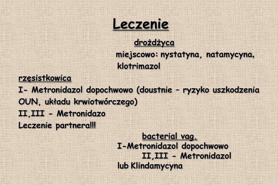 OUN, układu krwiotwórczego) II,III - Metronidazo Leczenie partnera!