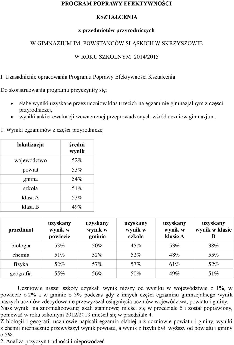 przyrodniczej, wyniki ankiet ewaluacji wewnętrznej przeprowadzonych wśród uczniów gimnazjum. 1.