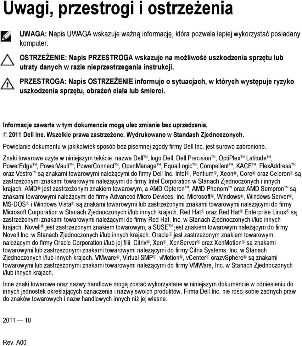 PRZESTROGA: Napis OSTRZEŻENIE informuje o sytuacjach, w których występuje ryzyko uszkodzenia sprzętu, obrażeń ciała lub śmierci. Informacje zawarte w tym dokumencie mogą ulec zmianie bez uprzedzenia.