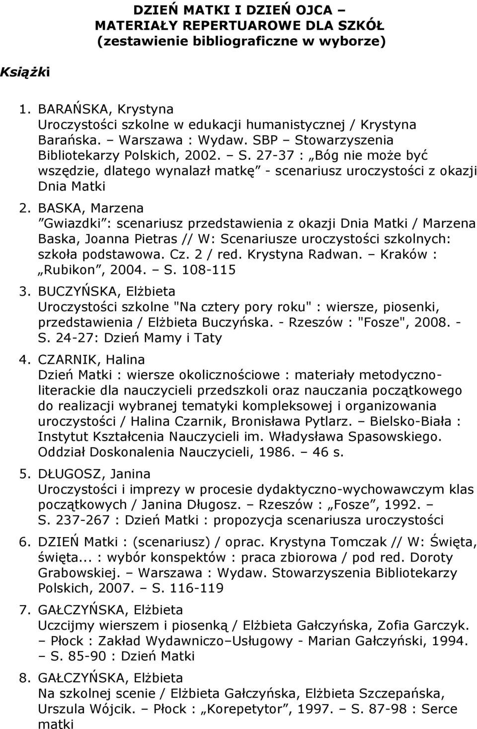 BASKA, Marzena Gwiazdki : scenariusz przedstawienia z okazji Dnia Matki / Marzena Baska, Joanna Pietras // W: Scenariusze uroczystości szkolnych: szkoła podstawowa. Cz. 2 / red. Krystyna Radwan.