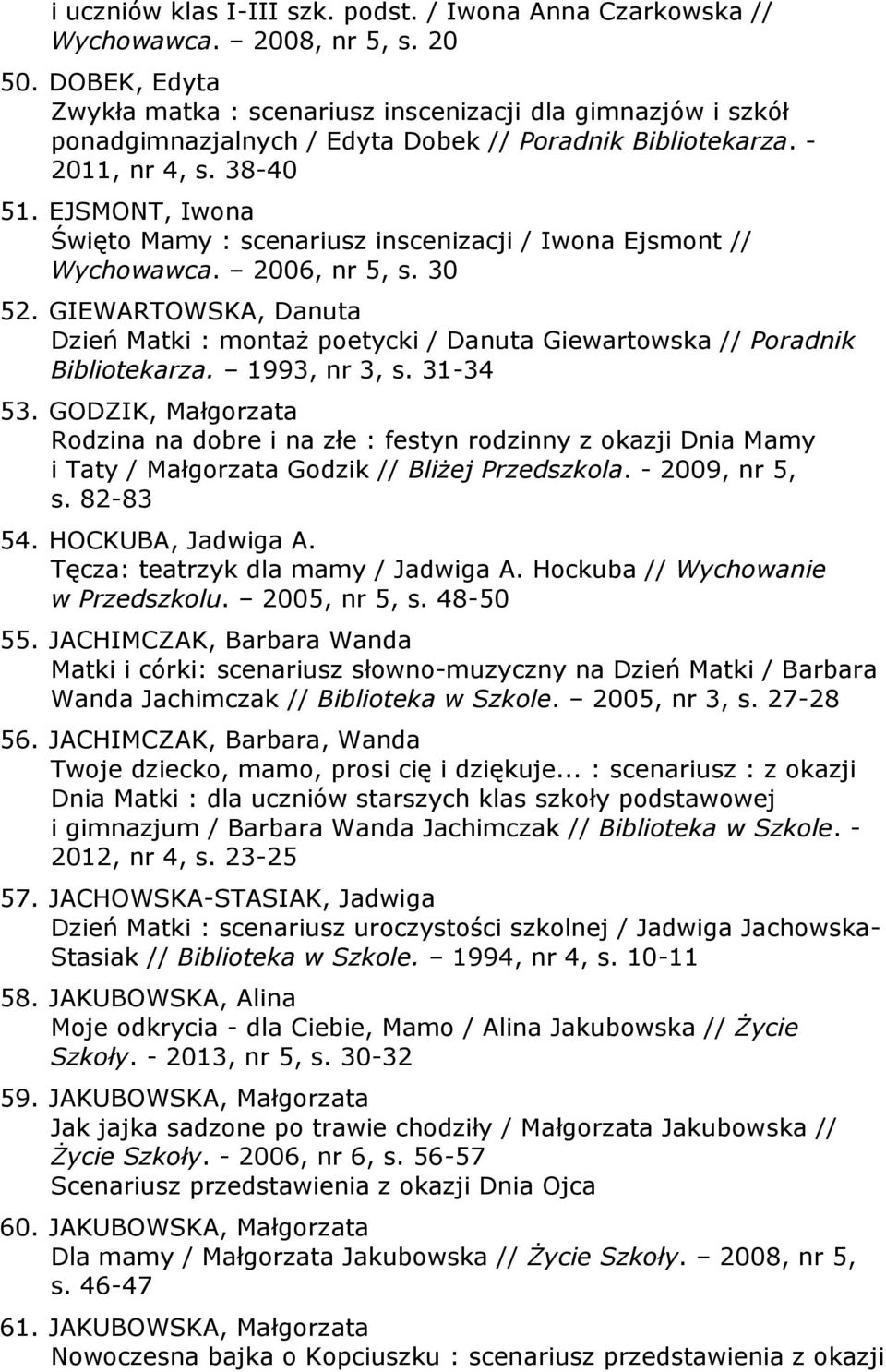 EJSMONT, Iwona Święto Mamy : scenariusz inscenizacji / Iwona Ejsmont // Wychowawca. 2006, nr 5, s. 30 52.