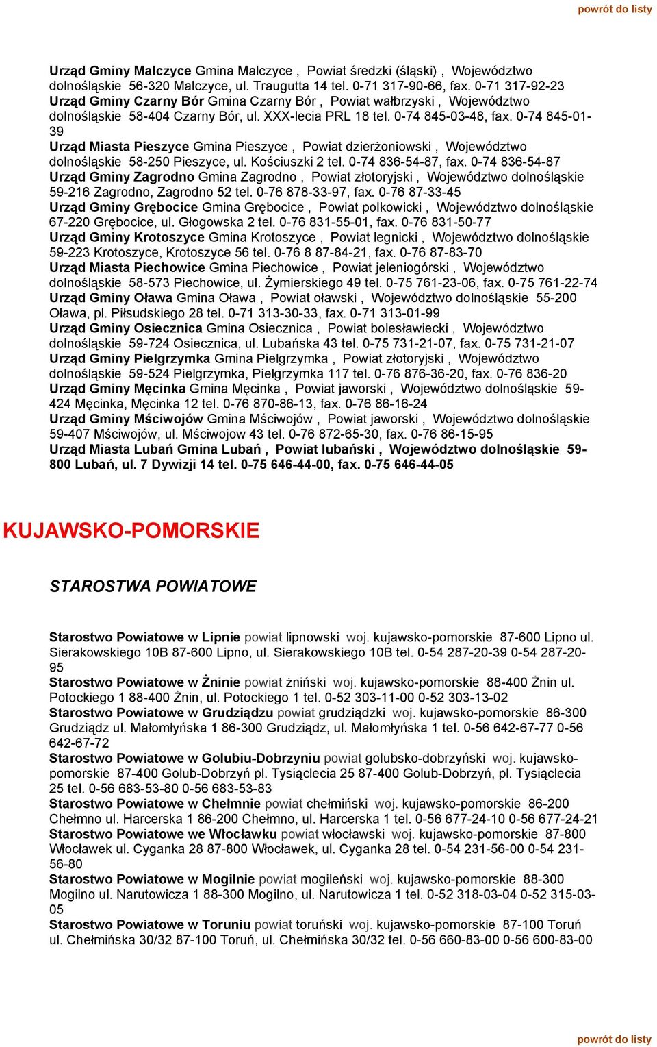 0-74 845-01- 39 Urząd Miasta Pieszyce Gmina Pieszyce, Powiat dzierżoniowski, Województwo dolnośląskie 58-250 Pieszyce, ul. Kościuszki 2 tel. 0-74 836-54-87, fax.