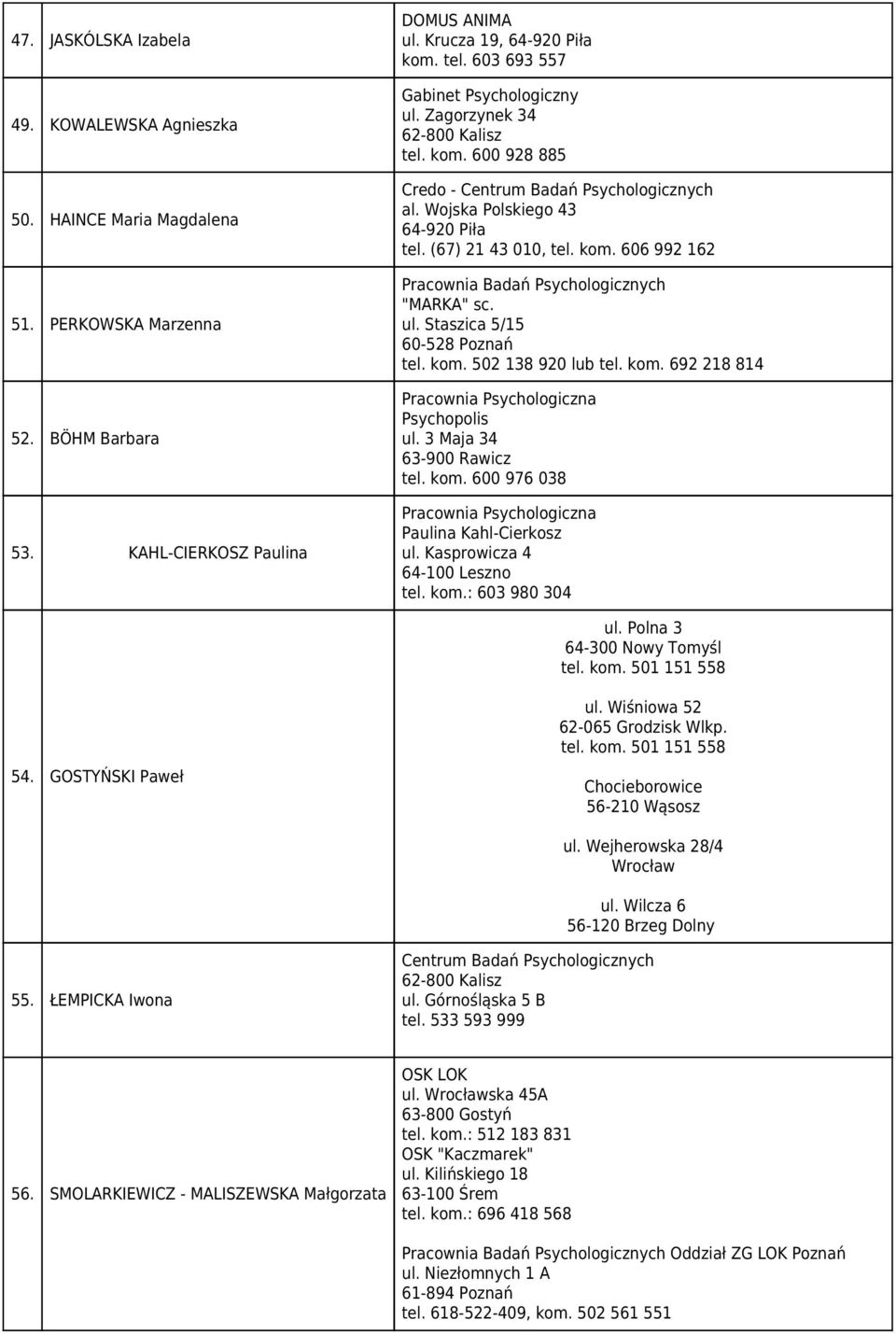 ul. Staszica 5/15 60-528 Poznań tel. kom. 502 138 920 lub tel. kom. 692 218 814 Psychopolis ul. 3 Maja 34 63-900 Rawicz tel. kom. 600 976 038 Paulina Kahl-Cierkosz ul. Kasprowicza 4 64-100 Leszno tel.