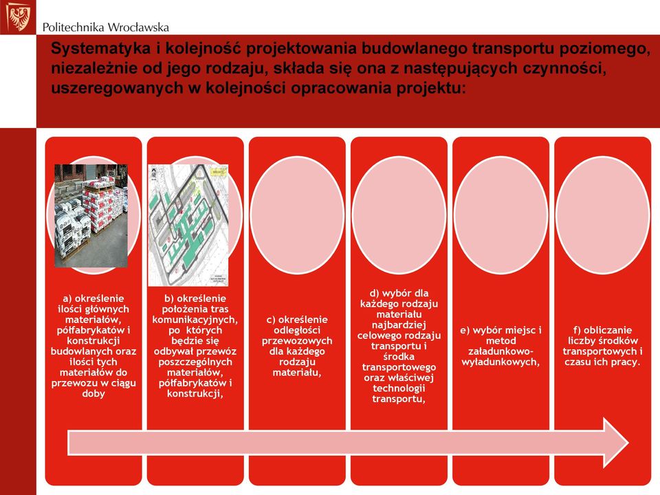 się odbywał przewóz poszczególnych materiałów, półfabrykatów i konstrukcji, c) określenie odległości przewozowych dla każdego rodzaju materiału, d) wybór dla każdego rodzaju materiału najbardziej