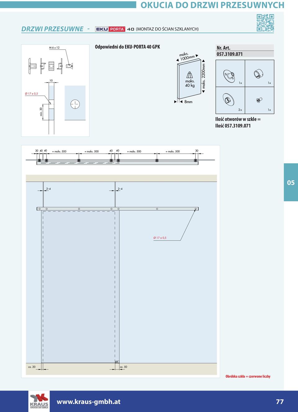 40 kg 1x 1x Ø 1 ± 0,5 8mm min. 30 2x Ilość otworów w szkle = Ilość.310.01 1x 30 40 40 = maks.