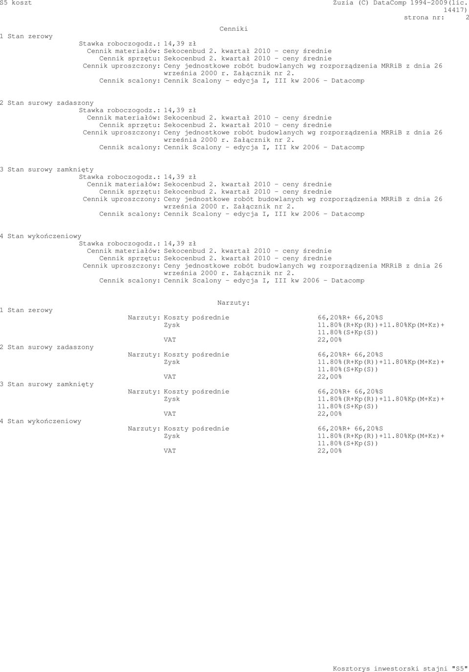 Cennik scalony: Cennik Scalony - edycja I, III kw 2006 - Datacomp 2 Stan surowy zadaszony Stawka roboczogodz.: 14,39 zł Cennik materiałów: Sekocenbud 2.