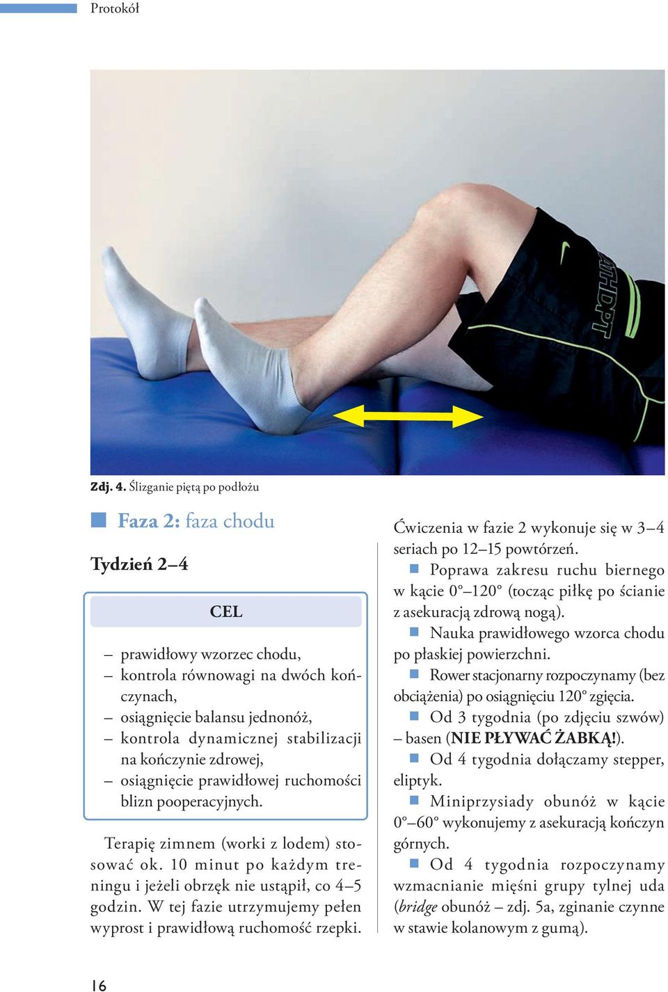 kończynie zdrowej, osiągnięcie prawidłowej ruchomości blizn pooperacyjnych. Terapię zimnem (worki z lodem) stosować ok. 10 minut po każdym treningu i jeżeli obrzęk nie ustąpił, co 4 5 godzin.