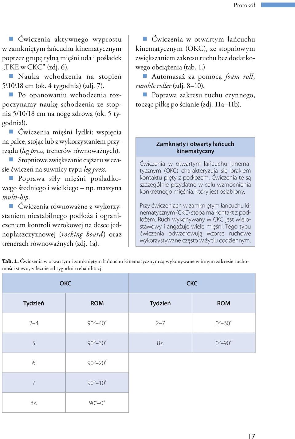 Ćwiczenia mięśni łydki: wspięcia na palce, stojąc lub z wykorzystaniem przyrządu (leg press, trenerów równoważnych). Stopniowe zwiększanie ciężaru w czasie ćwiczeń na suwnicy typu leg press.