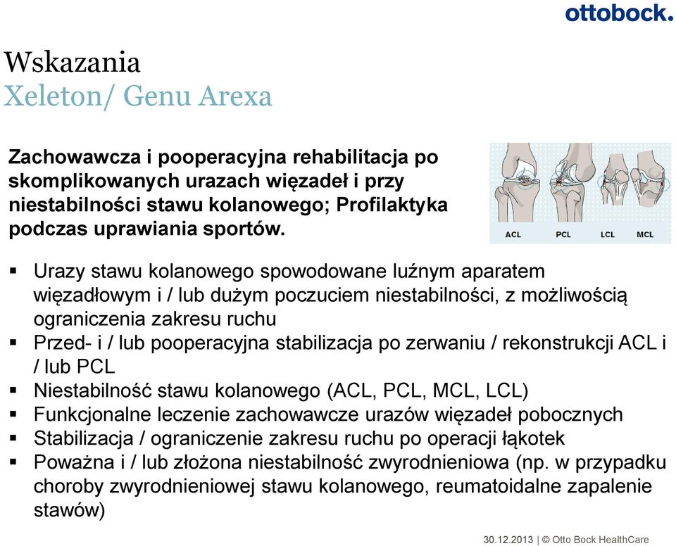 Urazy stawu kolanowego spowodowane luźnym aparatem więzadłowym i / lub dużym poczuciem niestabilności, z możliwością ograniczenia zakresu ruchu Przed- i / lub pooperacyjna