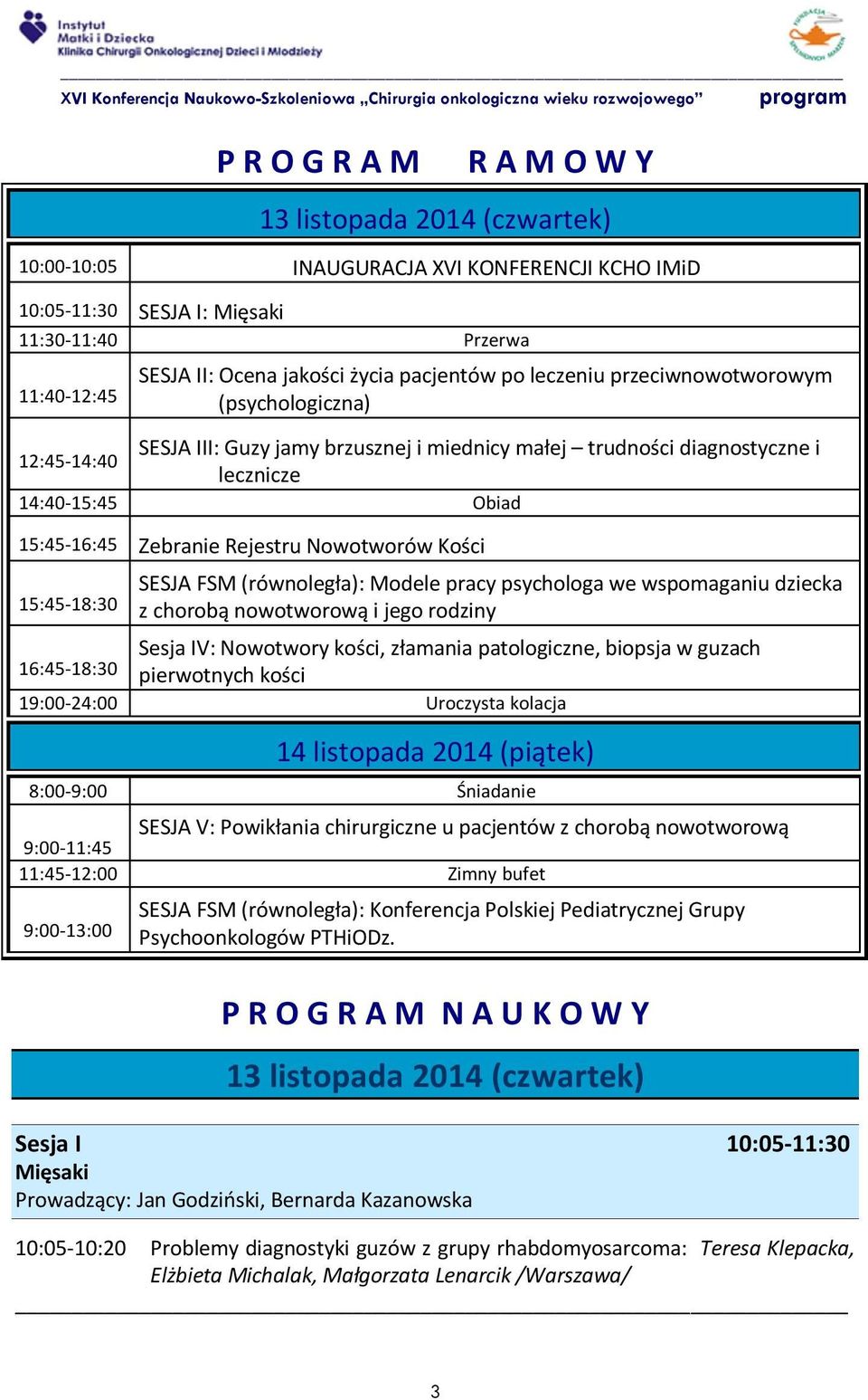 Rejestru Nowotworów Kości 15:45-18:30 SESJA FSM (równoległa): Modele pracy psychologa we wspomaganiu dziecka z chorobą nowotworową i jego rodziny Sesja IV: Nowotwory kości, złamania patologiczne,