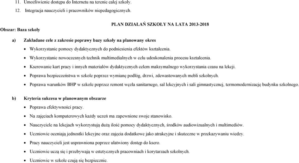 Wykorzystanie nowoczesnych technik multimedialnych w celu udoskonalenia procesu kształcenia. Kserowanie kart pracy i innych materiałów dydaktycznych celem maksymalnego wykorzystania czasu na lekcji.