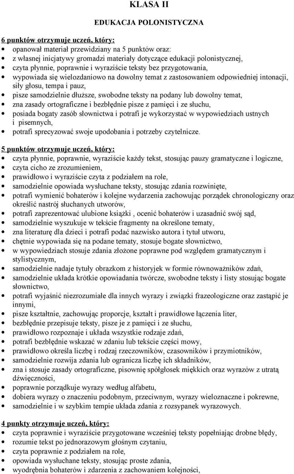 swobodne teksty na podany lub dowolny temat, zna zasady ortograficzne i bezbłędnie pisze z pamięci i ze słuchu, posiada bogaty zasób słownictwa i potrafi je wykorzystać w wypowiedziach ustnych i