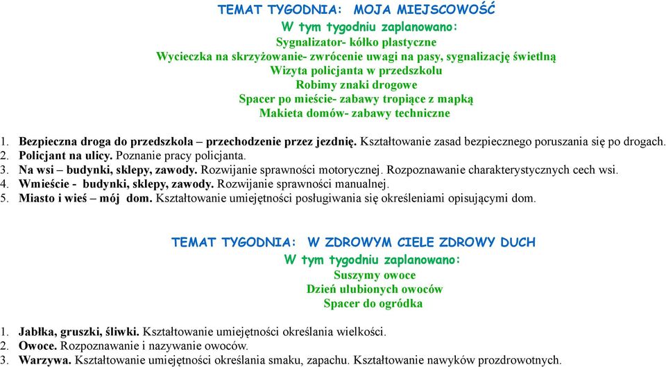 Kształtowanie zasad bezpiecznego poruszania się po drogach.. Policjant na ulicy. Poznanie pracy policjanta.. Na wsi budynki, sklepy, zawody. Rozwijanie sprawności motorycznej.