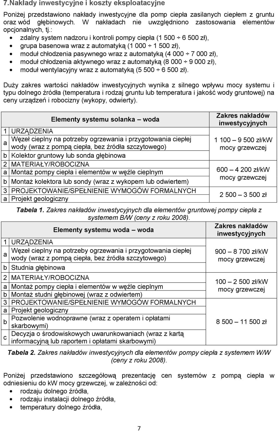 : zdalny system nadzoru i kontroli pompy ciepła (1 500 6 500 zł), grupa basenowa wraz z automatyką (1 000 1 500 zł), moduł chłodzenia pasywnego wraz z automatyką (4 000 7 000 zł), moduł chłodzenia