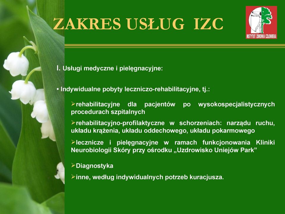 schorzeniach: narządu ruchu, układu krążenia, układu oddechowego, układu pokarmowego lecznicze i pielęgnacyjne w ramach