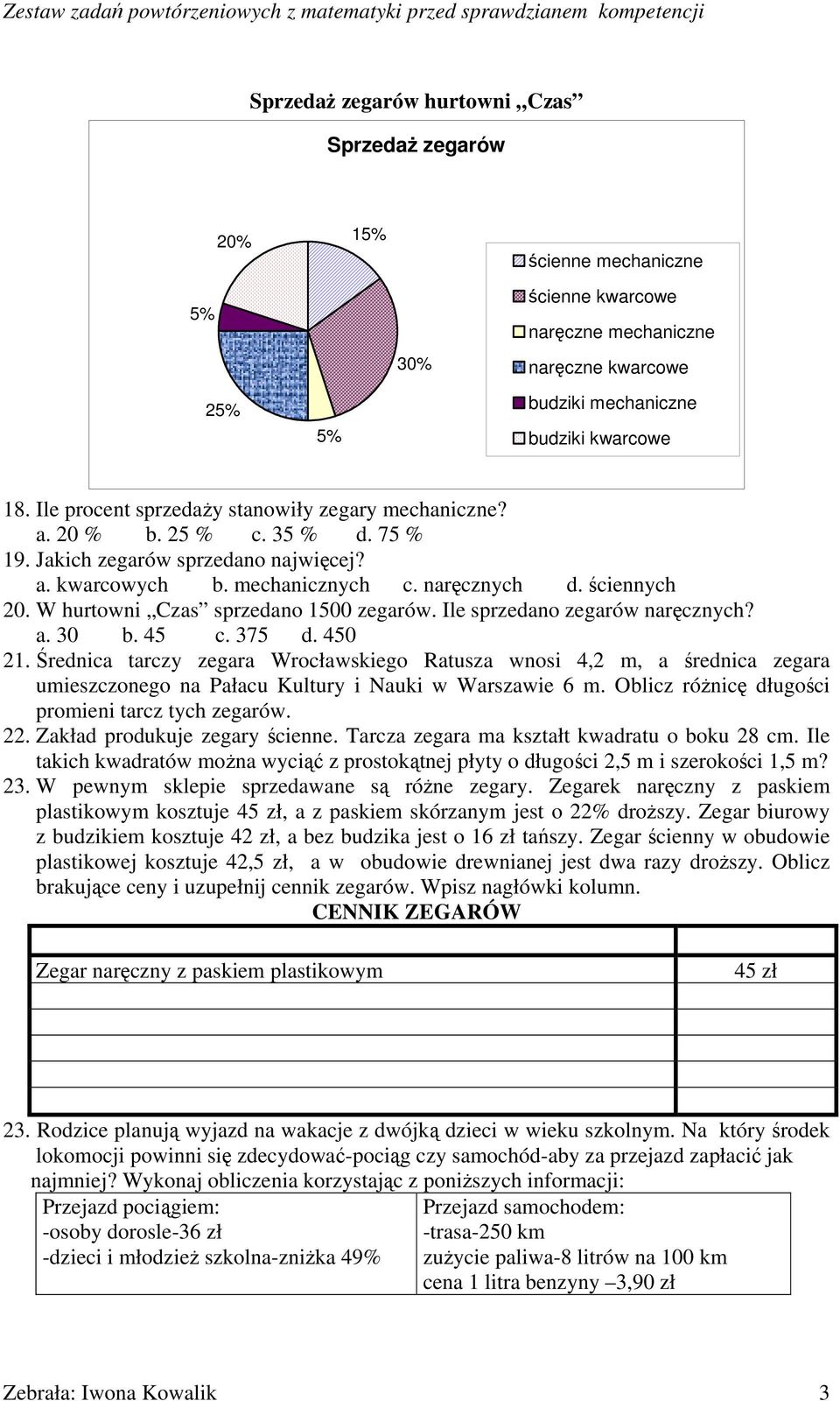 W hurtowni Czas sprzedano 1500 zegarów. Ile sprzedano zegarów naręcznych? a. 30 b. 45 c. 375 d. 450 21.