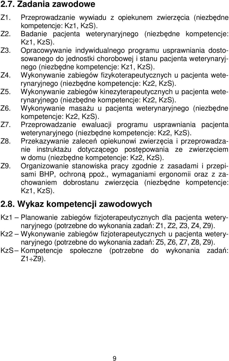 Wykonywanie zabiegów fizykoterapeutycznych u pacjenta weterynaryjnego (niezbędne kompetencje: Kz2, KzS). Z5.