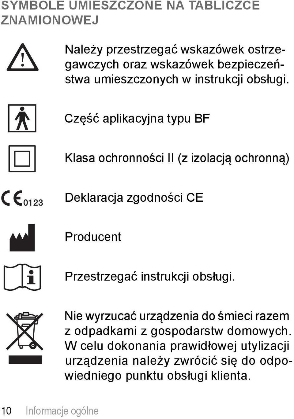 Część aplikacyjna typu BF Klasa ochronności II (z izolacją ochronną) Deklaracja zgodności CE Producent Przestrzegać