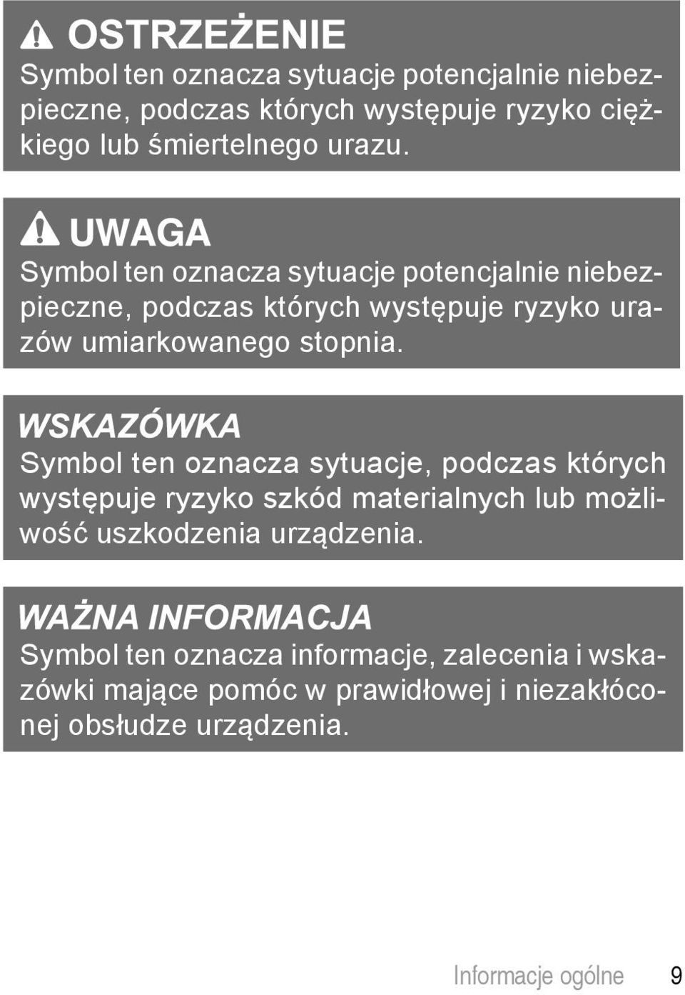 Symbol ten oznacza sytuacje, podczas których występuje ryzyko szkód materialnych lub możliwość uszkodzenia urządzenia.