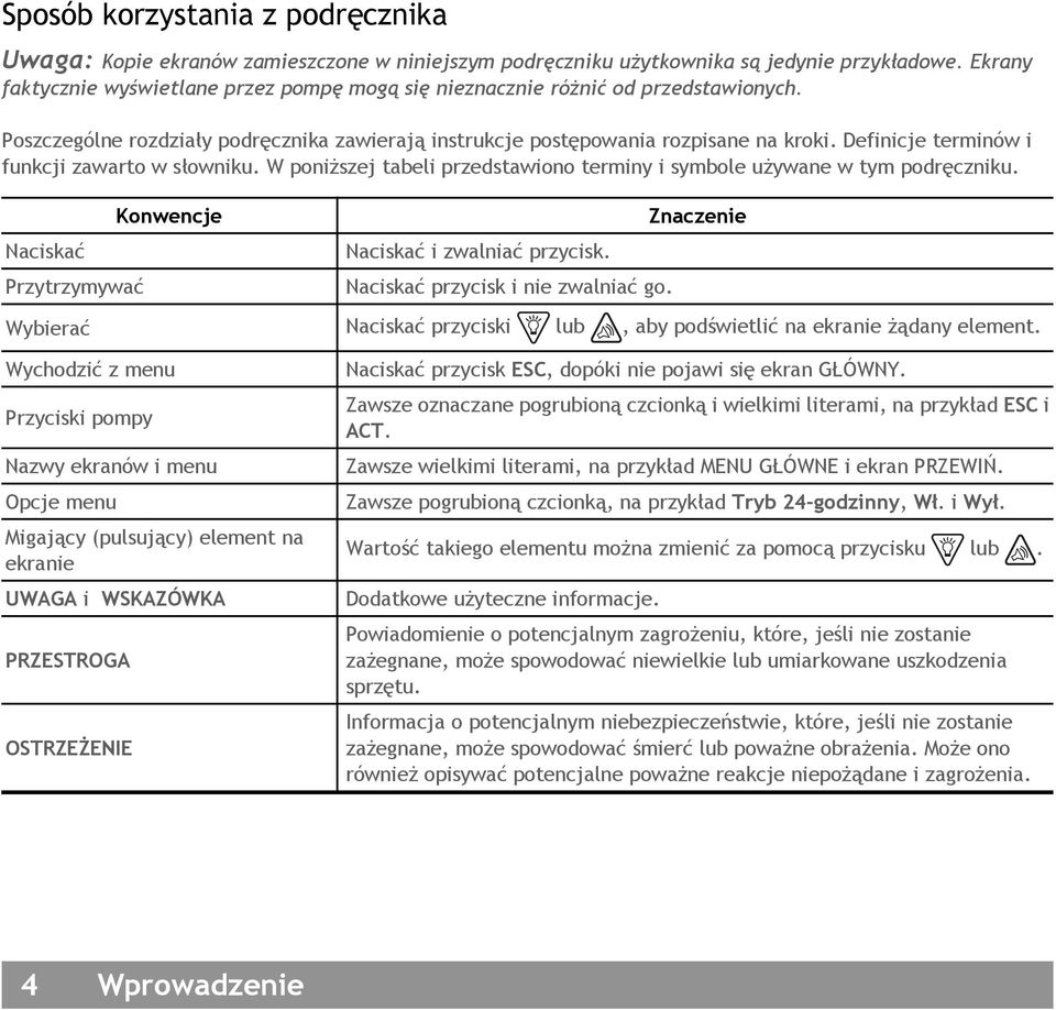 Definicje terminów i funkcji zawarto w słowniku. W poniższej tabeli przedstawiono terminy i symbole używane w tym podręczniku. Naciskać Przytrzymywać Konwencje Naciskać i zwalniać przycisk.