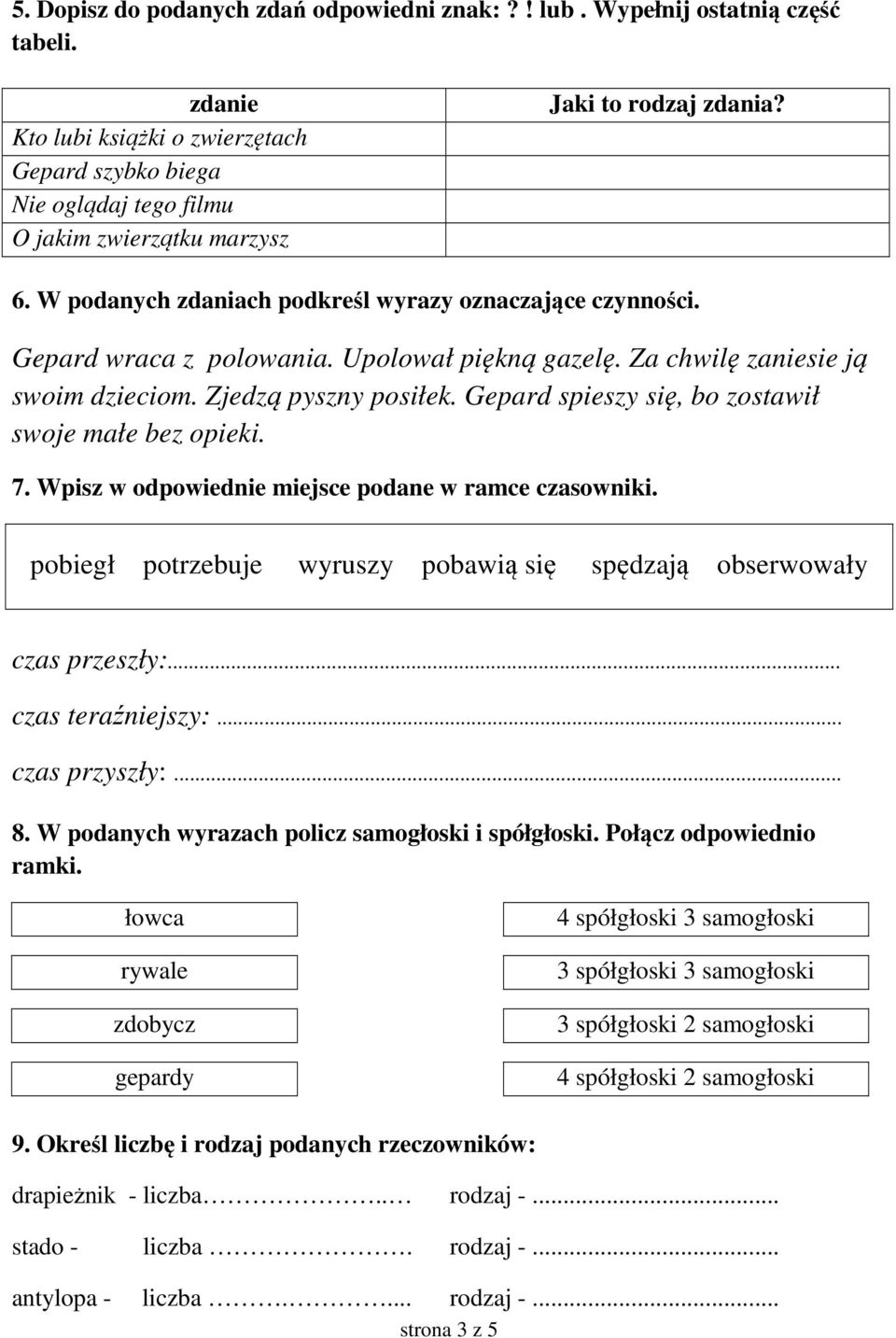 Gepard wraca z polowania. Upolował piękną gazelę. Za chwilę zaniesie ją swoim dzieciom. Zjedzą pyszny posiłek. Gepard spieszy się, bo zostawił swoje małe bez opieki. 7.