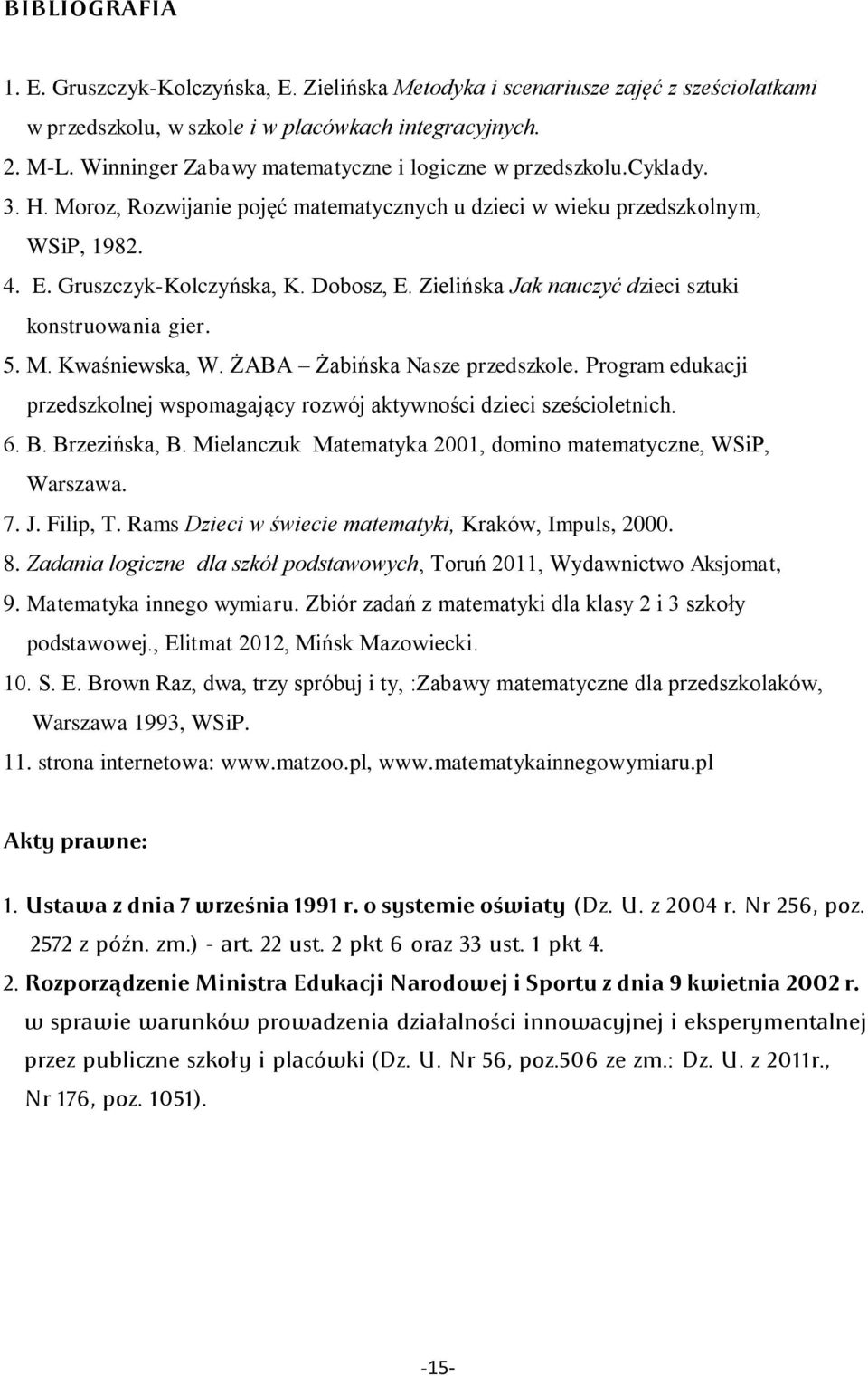 Zielińska Jak nauczyć dzieci sztuki konstruowania gier. 5. M. Kwaśniewska, W. ŻABA Żabińska Nasze przedszkole. Program edukacji przedszkolnej wspomagający rozwój aktywności dzieci sześcioletnich. 6.