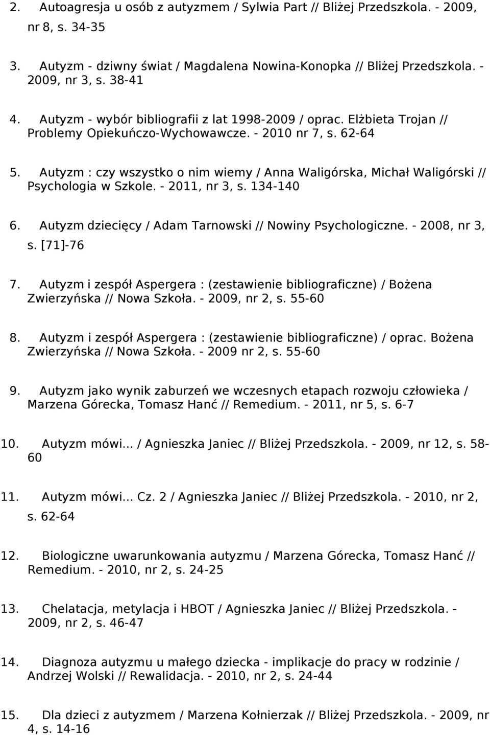 Autyzm : czy wszystko o nim wiemy / Anna Waligórska, Michał Waligórski // Psychologia w Szkole. - 2011, nr 3, s. 134-140 6. Autyzm dziecięcy / Adam Tarnowski // Nowiny Psychologiczne. - 2008, nr 3, s.