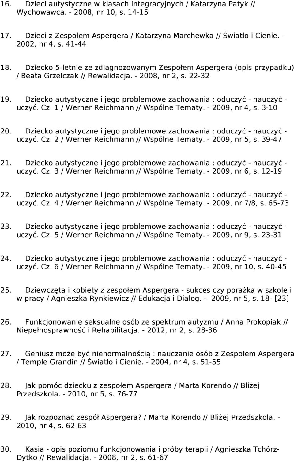 Dziecko autystyczne i jego problemowe zachowania : oduczyć - nauczyć - uczyć. Cz. 1 / Werner Reichmann // Wspólne Tematy. - 2009, nr 4, s. 3-10 20.