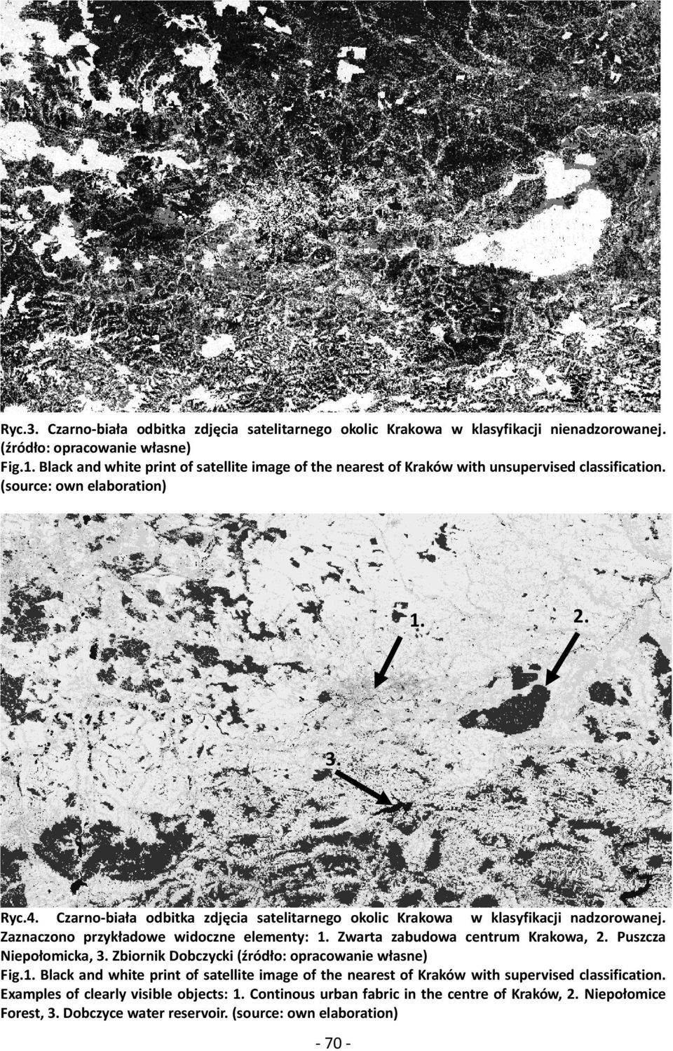 Czarno-biała odbitka zdjęcia satelitarnego okolic Krakowa w klasyfikacji nadzorowanej. Zaznaczono przykładowe widoczne elementy: 1. Zwarta zabudowa centrum Krakowa, 2. Puszcza Niepołomicka, 3.