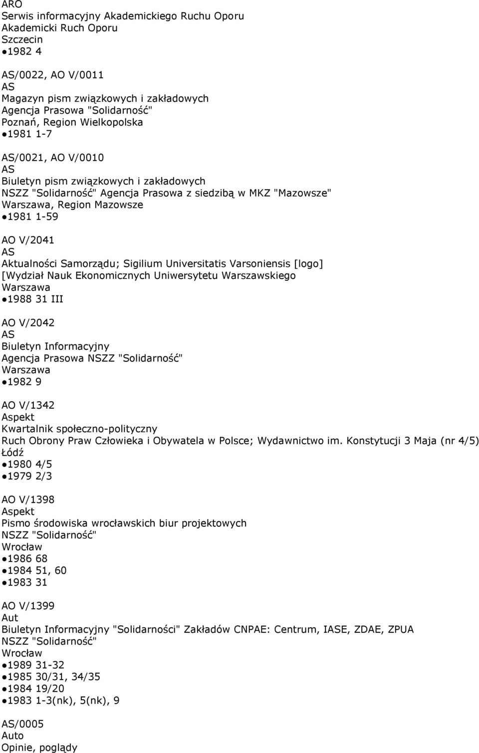 Samorządu; Sigilium Universitatis Varsoniensis [logo] [Wydział Nauk Ekonomicznych Uniwersytetu Warszawskiego 1988 31 III AO V/2042 AS Biuletyn Informacyjny Agencja Prasowa NSZZ "Solidarność" 1982 9