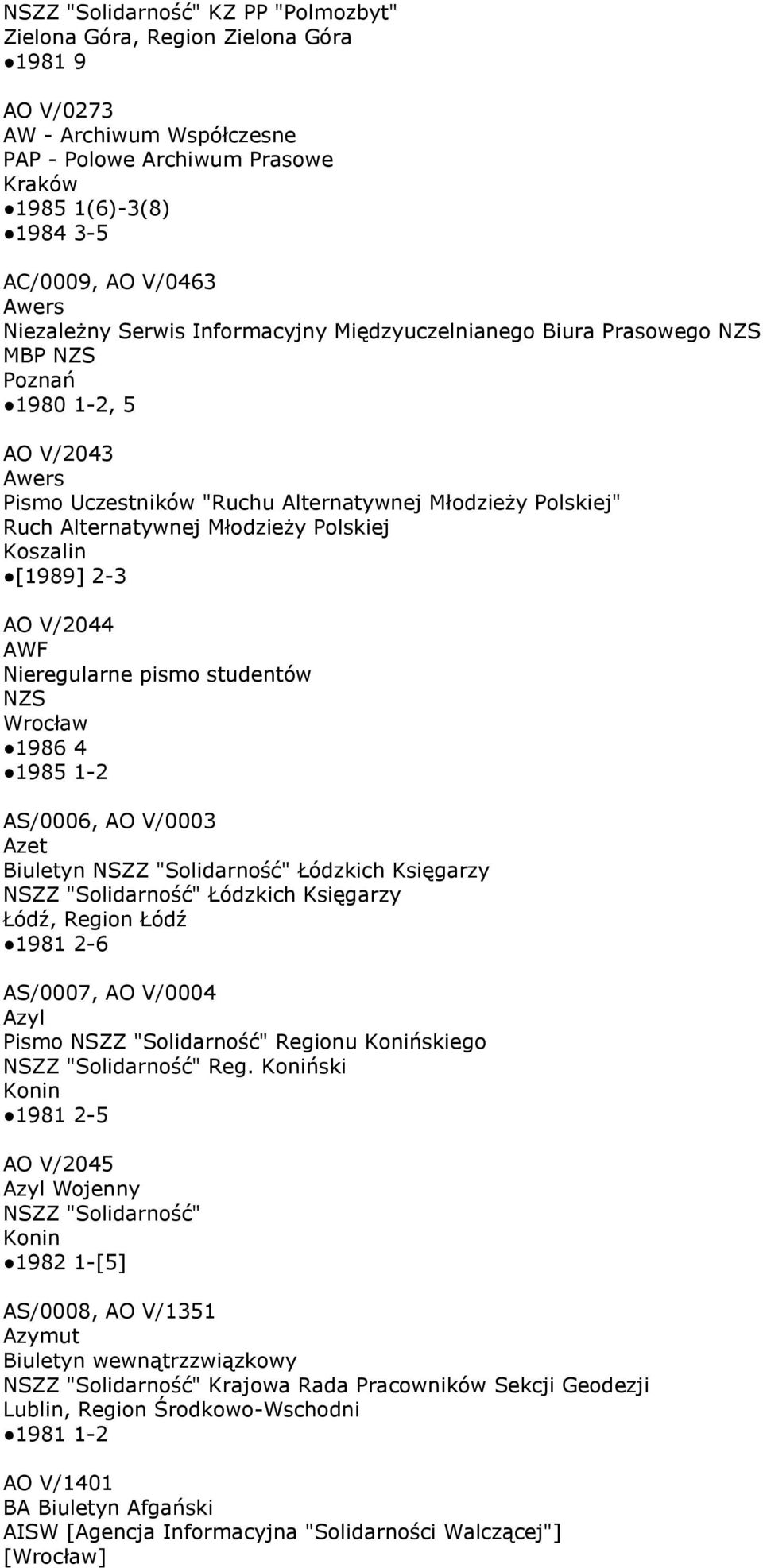 Młodzieży Polskiej Koszalin [1989] 2-3 AO V/2044 AWF Nieregularne pismo studentów NZS 1986 4 1985 1-2 AS/0006, AO V/0003 Azet Biuletyn NSZZ "Solidarność" Łódzkich Księgarzy NSZZ "Solidarność"