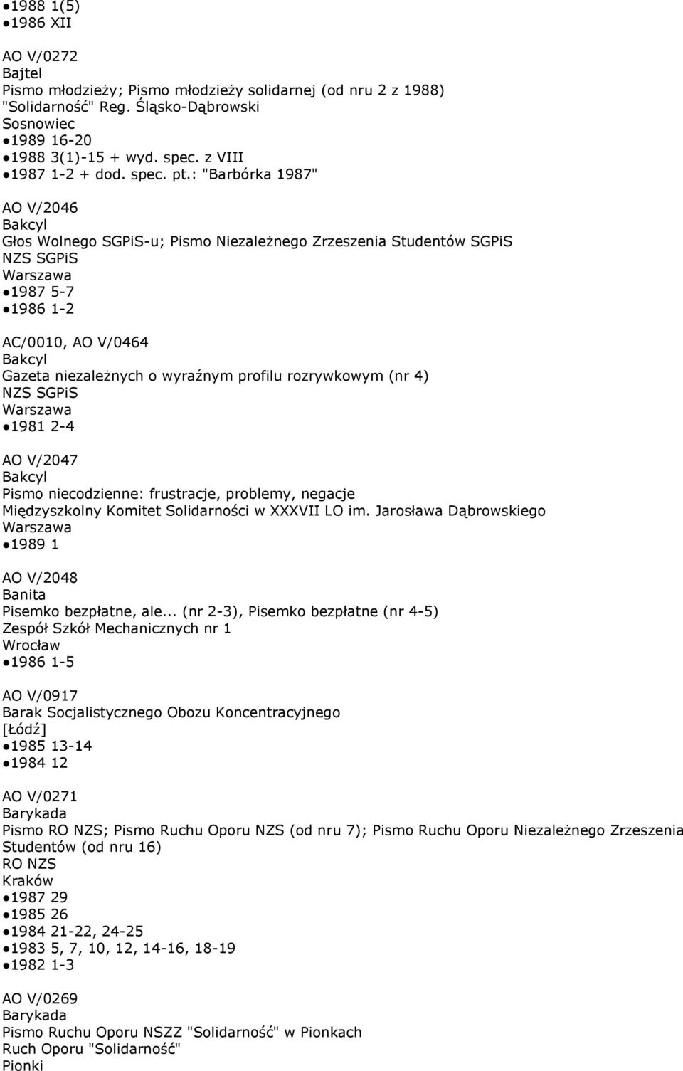 : "Barbórka 1987" AO V/2046 Bakcyl Głos Wolnego SGPiS-u; Pismo Niezależnego Zrzeszenia Studentów SGPiS NZS SGPiS 1987 5-7 1986 1-2 AC/0010, AO V/0464 Bakcyl Gazeta niezależnych o wyraźnym profilu