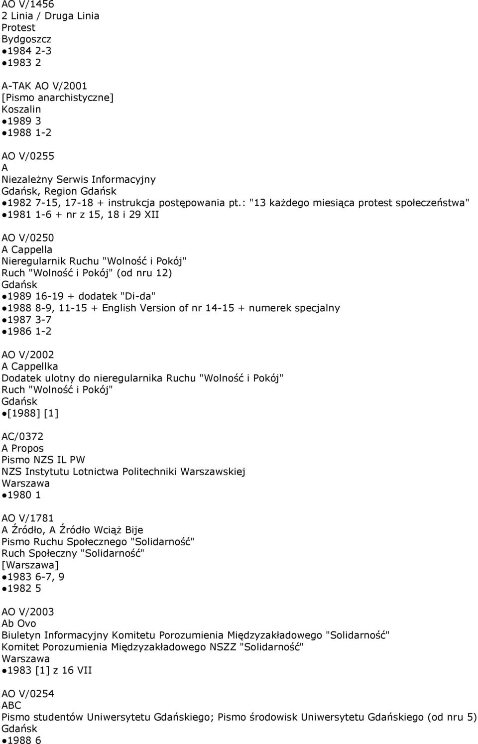 : "13 każdego miesiąca protest społeczeństwa" 1981 1-6 + nr z 15, 18 i 29 XII AO V/0250 A Cappella Nieregularnik Ruchu "Wolność i Pokój" Ruch "Wolność i Pokój" (od nru 12) Gdańsk 1989 16-19 + dodatek