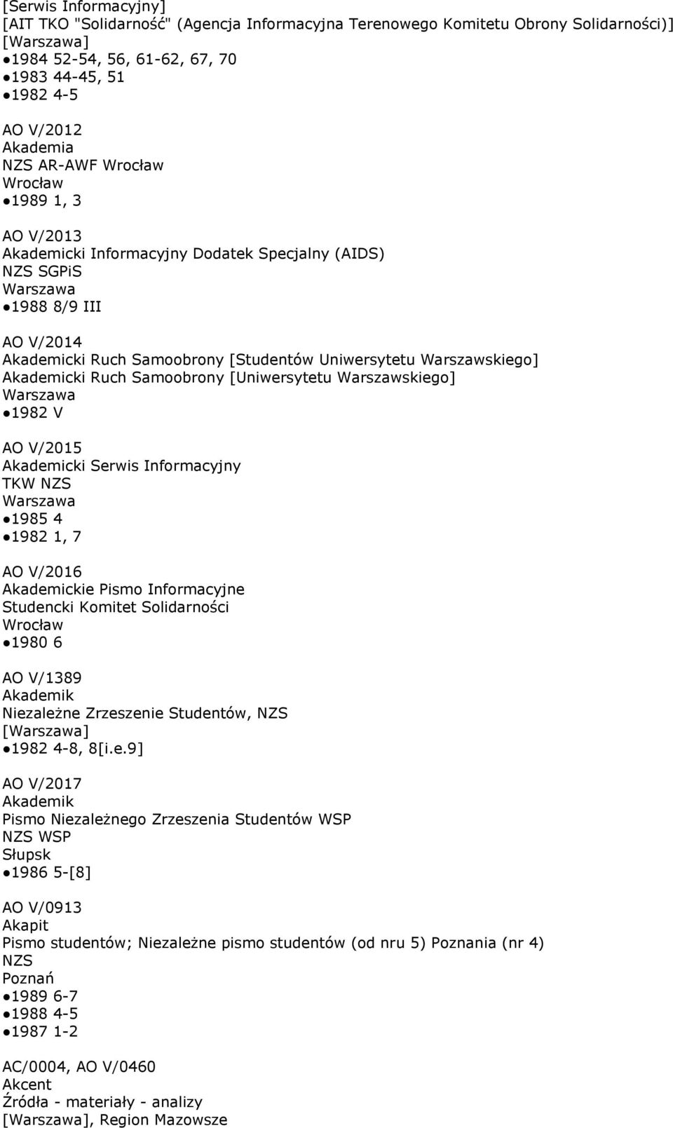 [Uniwersytetu Warszawskiego] 1982 V AO V/2015 Akademicki Serwis Informacyjny TKW NZS 1985 4 1982 1, 7 AO V/2016 Akademickie Pismo Informacyjne Studencki Komitet Solidarności 1980 6 AO V/1389 Akademik