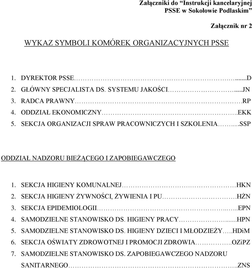 SEKCJA HIGIENY KOMUNALNEJ. HKN 2. SEKCJA HIGIENY ŻYWNOŚCI, ŻYWIENIA I PU.HŻN 3. SEKCJA EPIDEMIOLOGII.....EPN 4. SAMODZIELNE STANOWISKO DS. HIGIENY PRACY...HPN 5.