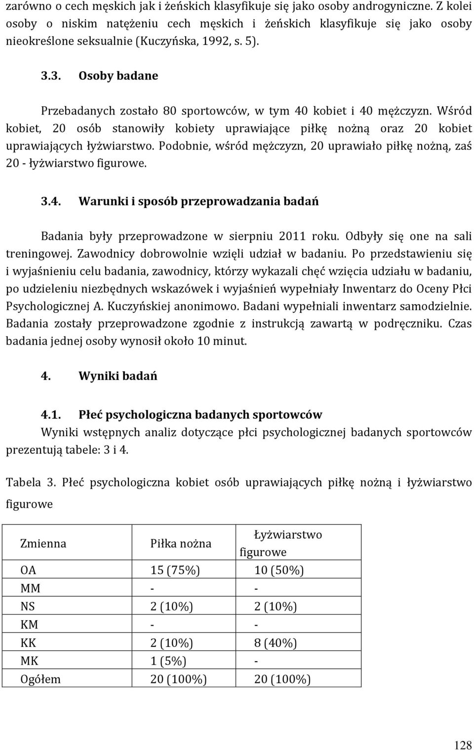 3. Osoby badane Przebadanych zostało 80 sportowców, w tym 40 kobiet i 40 mężczyzn. Wśród kobiet, 20 osób stanowiły kobiety uprawiające piłkę nożną oraz 20 kobiet uprawiających łyżwiarstwo.