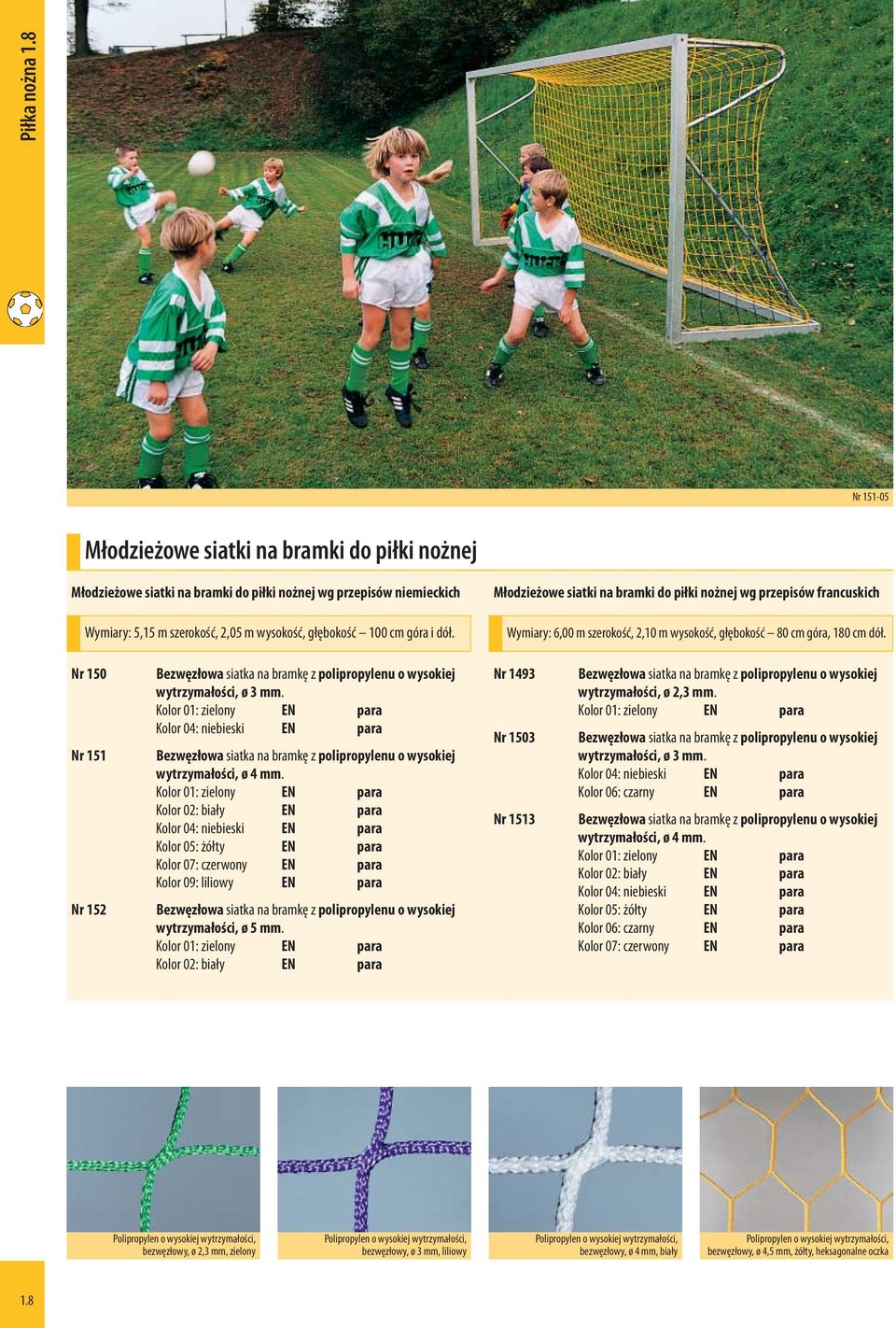 Młodzieżowe siatki na bramki do piłki nożnej wg przepisów francuskich Wymiary: 6,00 m szerokość, 2,10 m wysokość, głębokość 80 cm góra, 180 cm dół.