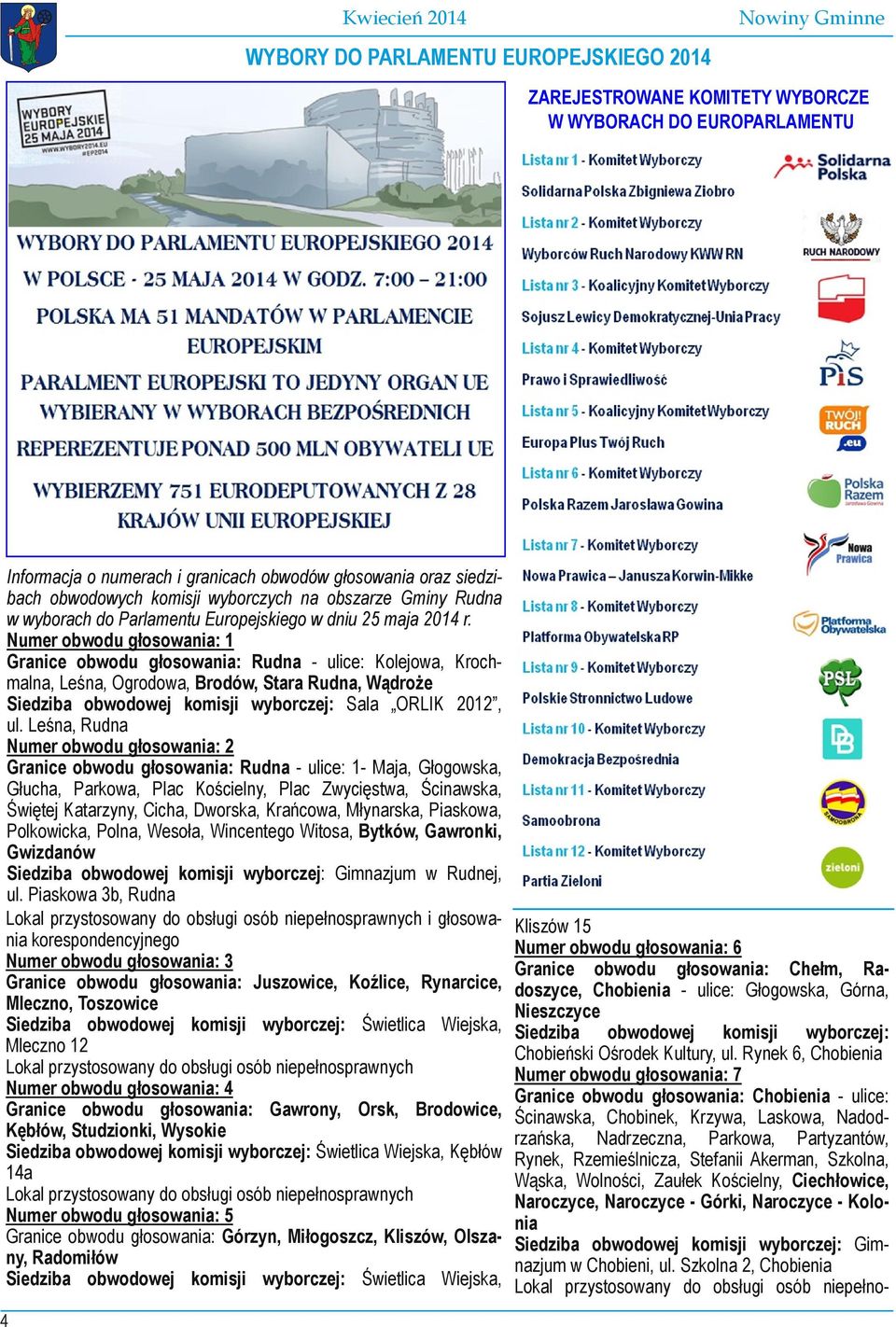 Numer obwodu głosowania: 1 Granice obwodu głosowania: Rudna ulice: Kolejowa, Kroch malna, Leśna, Ogrodowa, Brodów, Stara Rudna, Wądroże Siedziba obwodowej komisji wyborczej: Sala ORLIK 2012, ul.