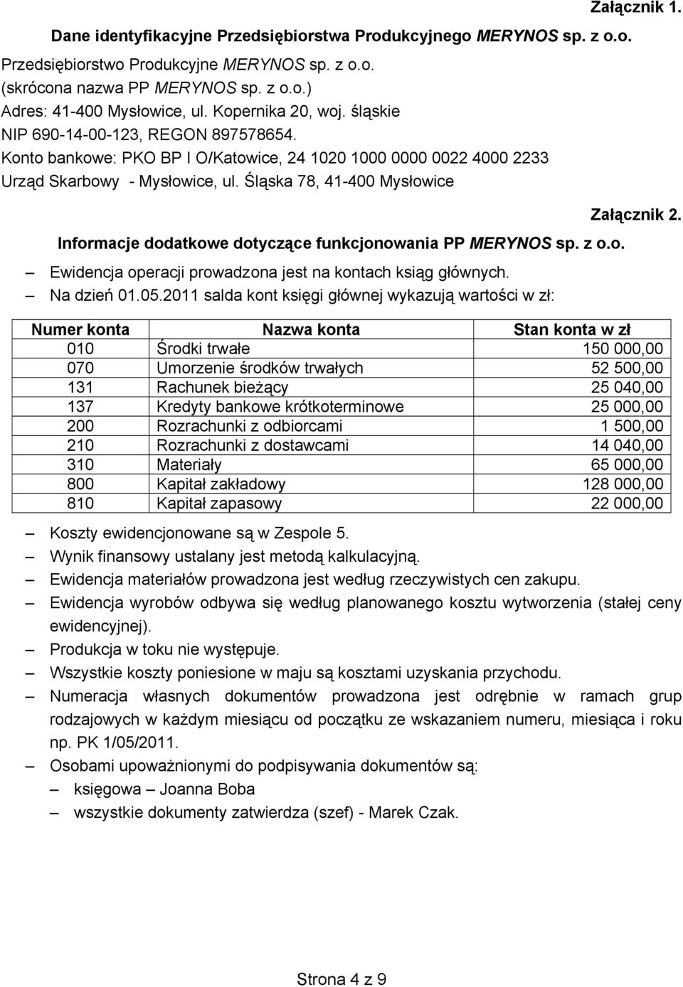 Śląska 78, 41-400 Mysłowice Informacje dodatkowe dotyczące funkcjonowania PP MERYNOS sp. z o.o. Ewidencja operacji prowadzona jest na kontach ksiąg głównych. Na dzień 01.05.