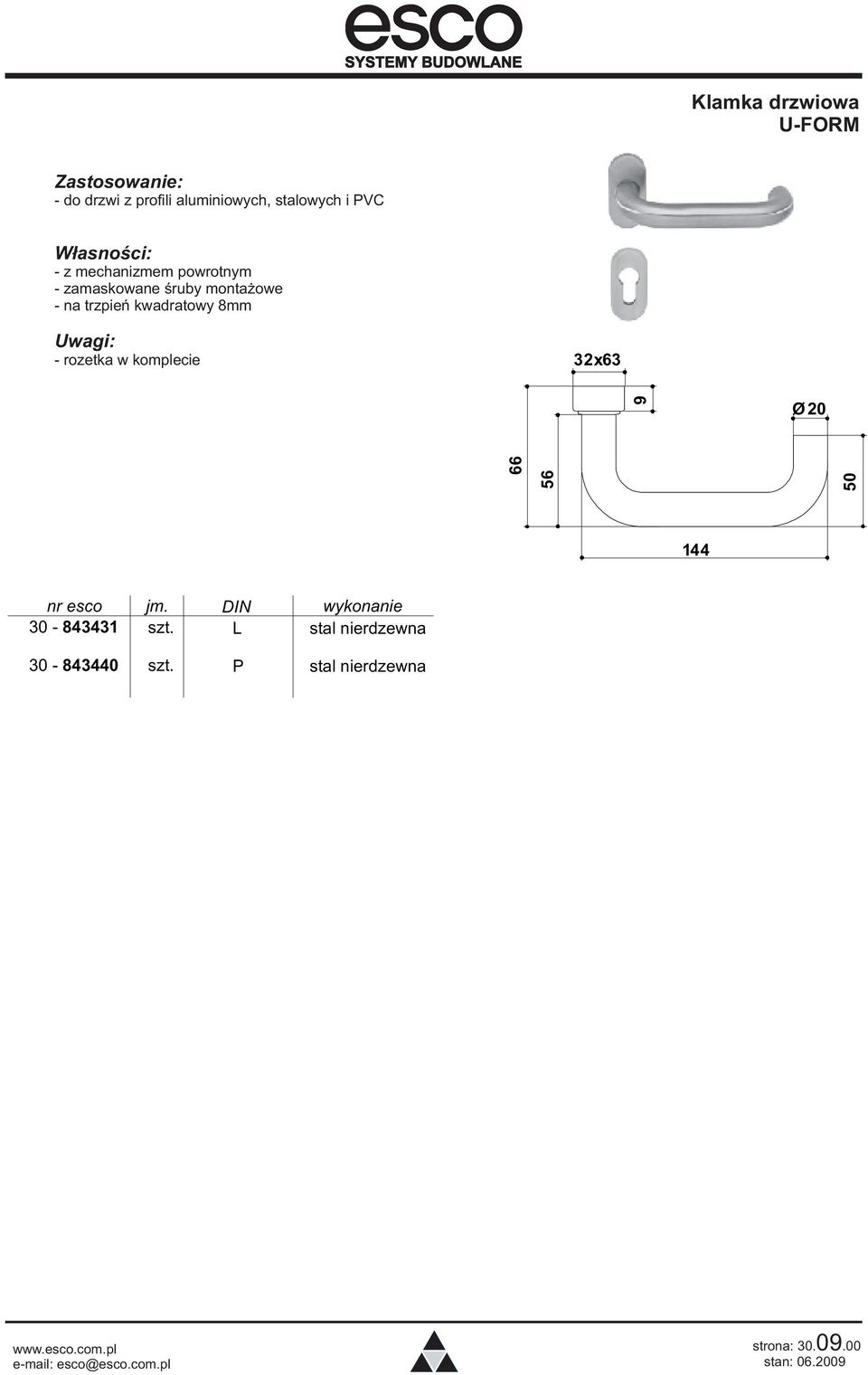 Uwagi: - rozetka w komplecie 32x63 9 Ø20 66 56 50 144