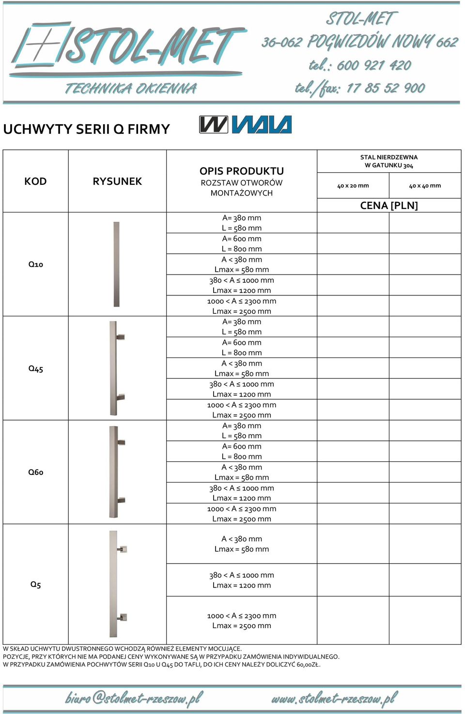 mm Lmax = 580 mm 380 < A 1000 mm Lmax = 1200 mm 1000 < A 2300 mm Lmax = 2500 mm STAL NIERDZEWNA W GATUNKU 304 40 x 20 mm 40 x 40 mm A < 380 mm Lmax = 580 mm Q5 380 < A 1000 mm Lmax = 1200 mm 1000 < A