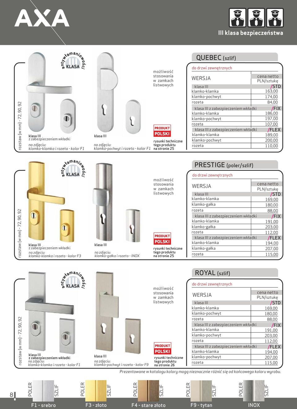 rozstaw (w mm) - 72, 90, 92 KLASA III antywłamaniowości z zabezpieczeniem wkładki i - kolor F3 klamko-gałka i - INOX możliwość stosowania w zamkach listwowych na stronie 25 PRESTIGE (poler/szlif)