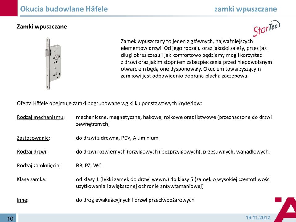 Okuciem towarzyszącym zamkowi jest odpowiednio dobrana blacha zaczepowa.