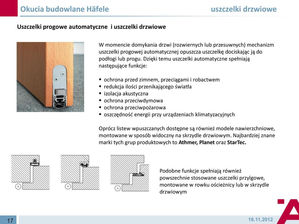 Dzięki temu uszczelki automatyczne spełniają następujące funkcje: ochrona przed zimnem, przeciągami i robactwem redukcja ilości przenikającego światła izolacja akustyczna ochrona przeciwdymowa