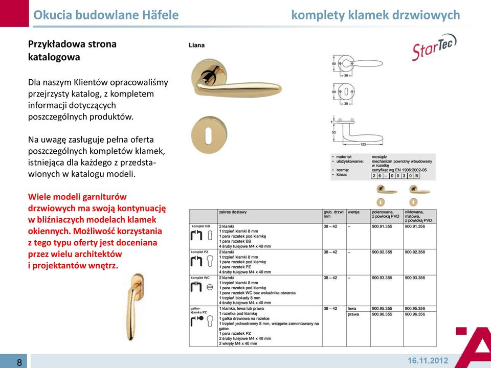 Na uwagę zasługuje pełna oferta poszczególnych kompletów klamek, istniejąca dla każdego z przedstawionych w katalogu modeli.