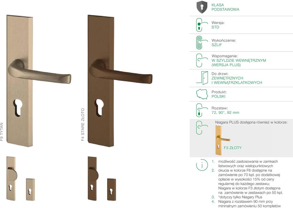 możliwość zastosowania w zamkach listwowych oraz wielopunktowych 2. okucia w kolorze F8 dostępne na zamówienie po 70 kpl.
