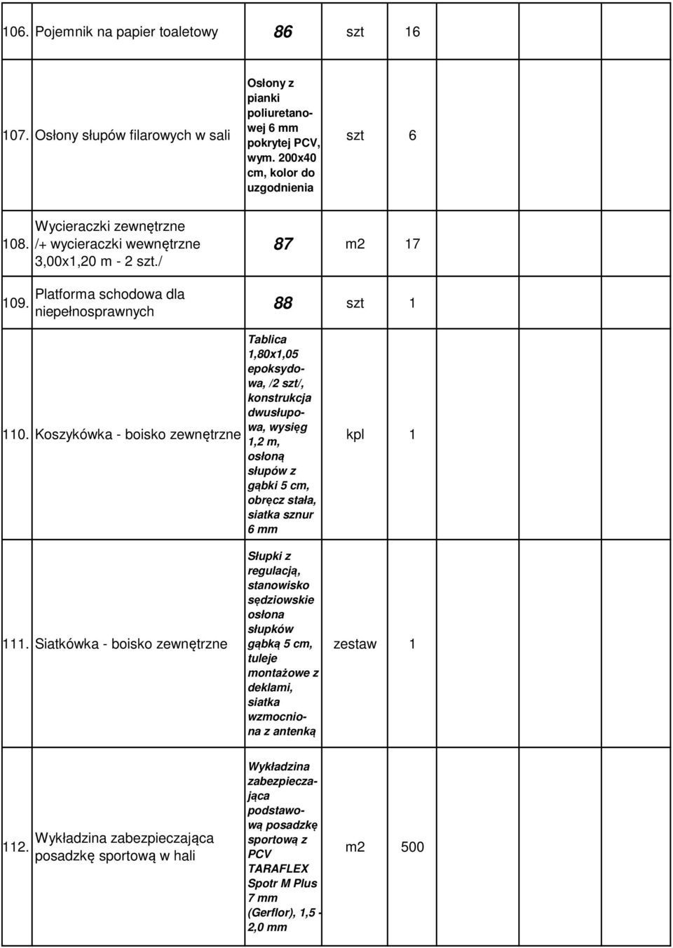 Koszykówka - boisko zewnętrzne Tablica 1,80x1,05 epoksydowa, /2 szt/, konstrukcja dwusłupowa, wysięg 1,2 m, osłoną słupów z gąbki 5 cm, obręcz stała, siatka sznur 6 mm kpl 1 111.